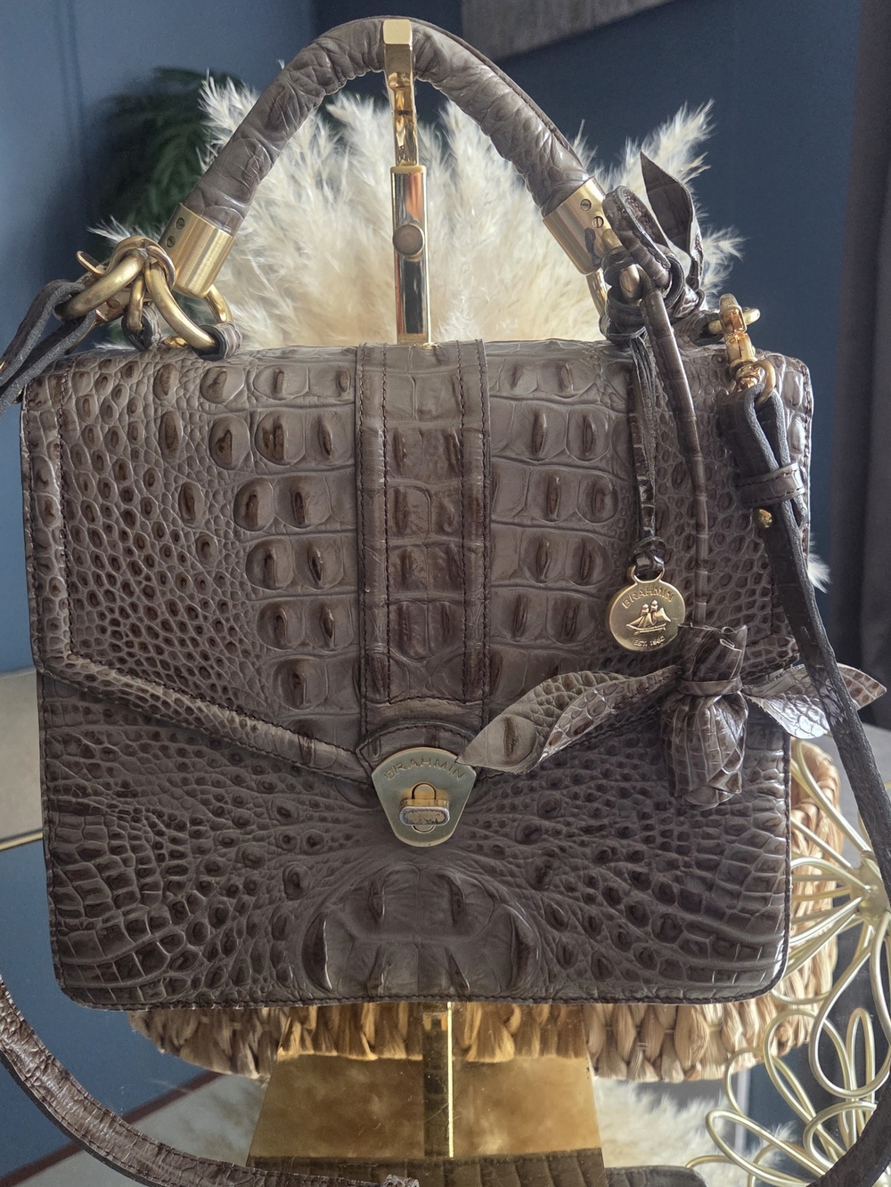 RARE Vintage Brahmin Olivia Rose Satchel | Leather Rose Tassel Croc Embossed Bag